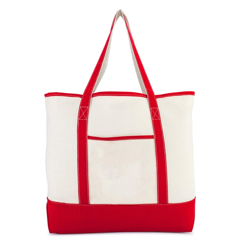 DALIX 22" Extra Large Shopping Tote Bag w Outer Pocket in Red and Natural - Image 2